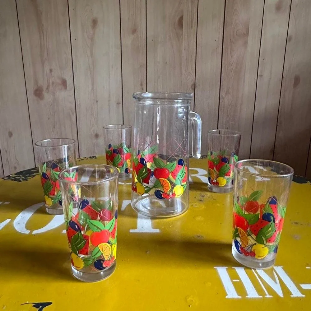 Vintage Fruit Pitcher Glass Set Mid Century Style Glassware 6 Pieces Summer Farm